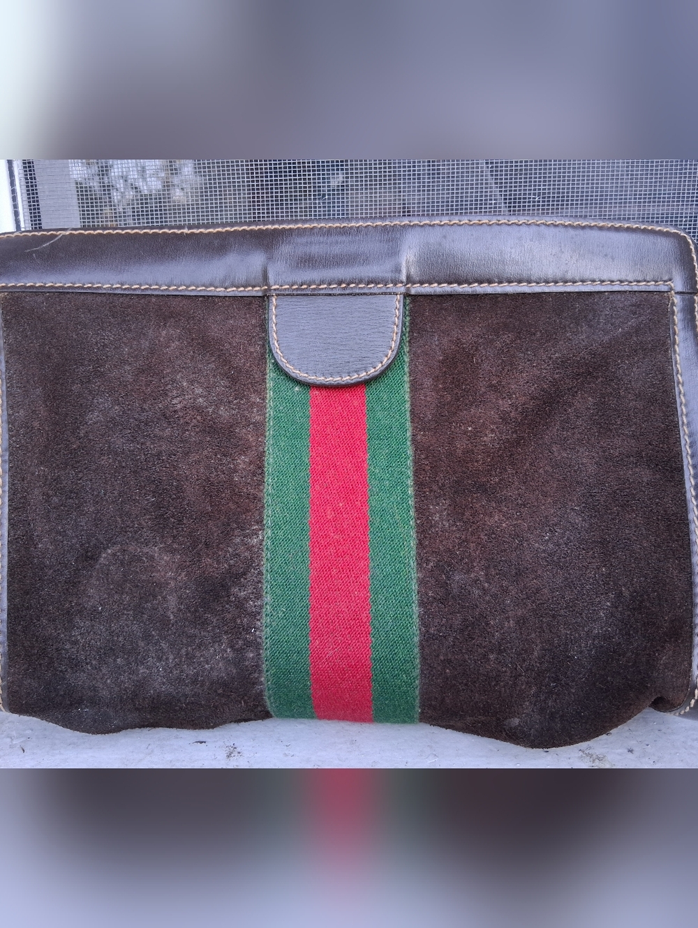 Womens Brown Suede Gucci Clutch with Green and Red Stripe Vintage 80s Authentic